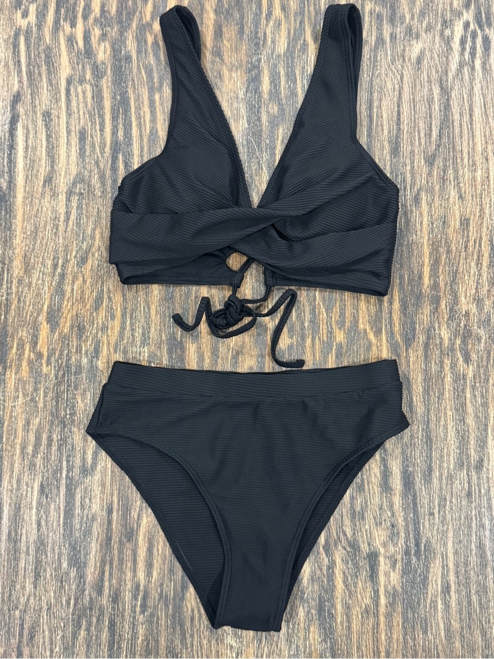 Black Ribbed Twist Front Bikini Set Medium High Waisted 2 Piece Swimwear